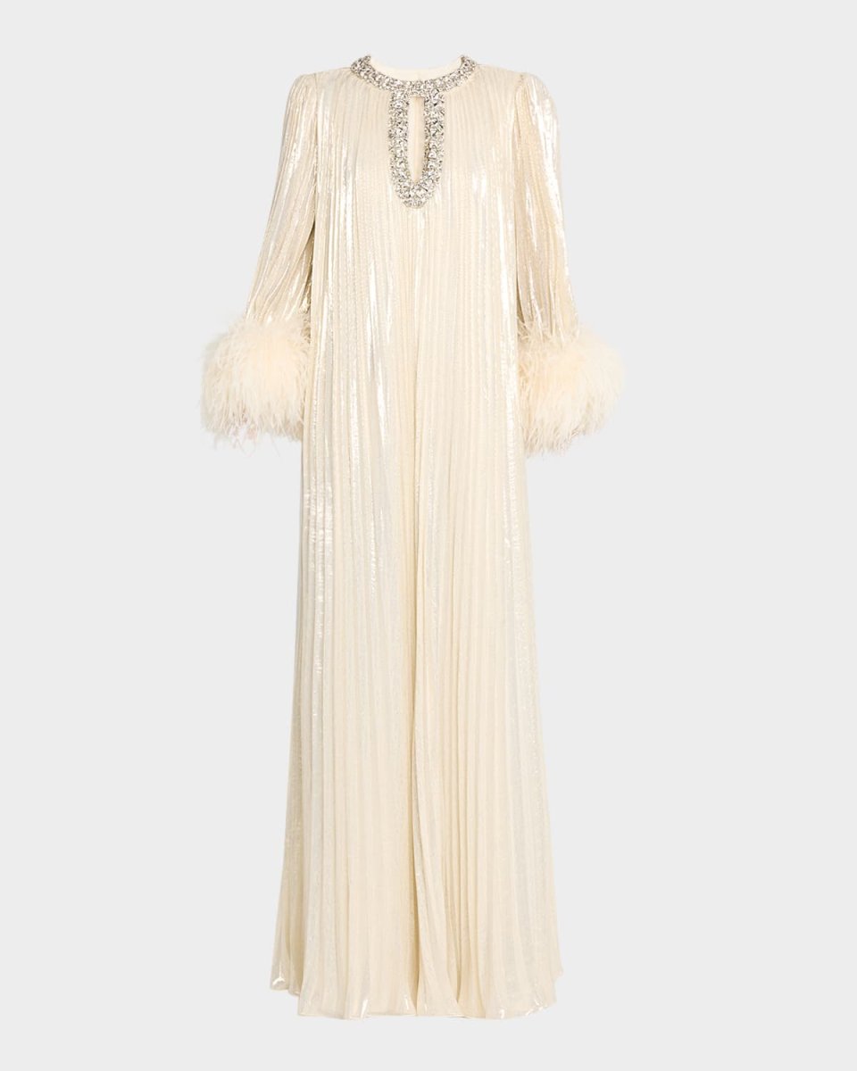 Pleated Metallic Feather-Cuff Maxi Dress